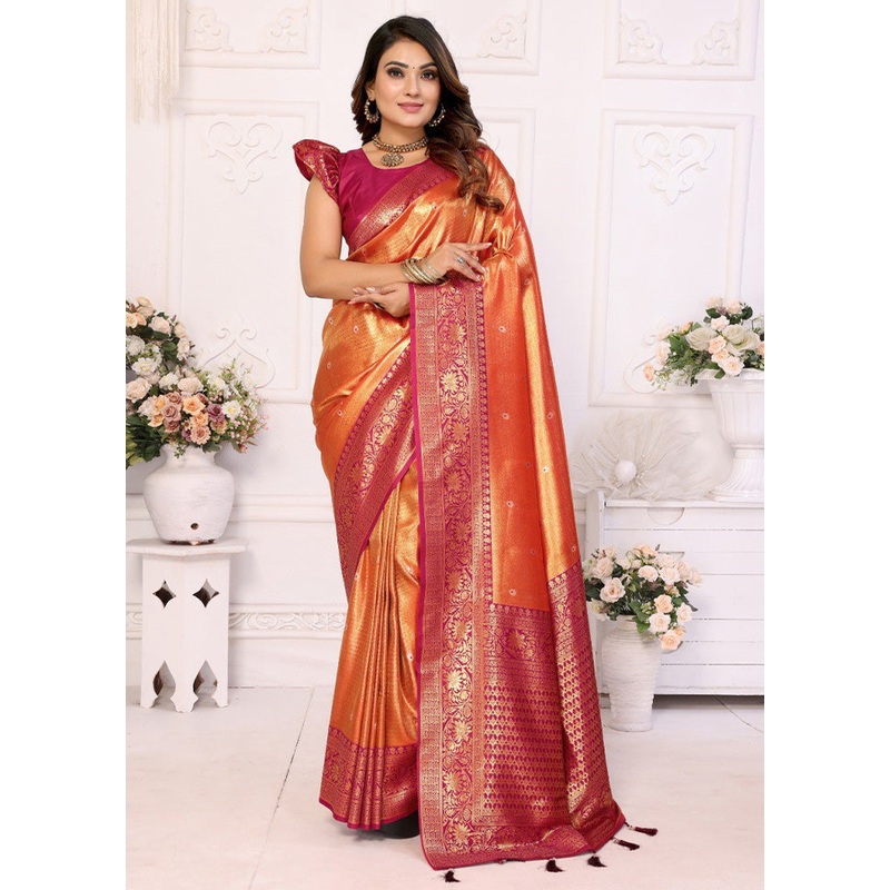 Orange Banarasi Silk Saree With Blouse Piece - JD986600691