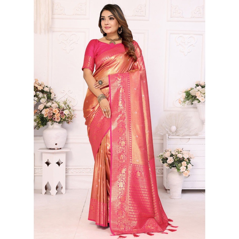 Peach Banarasi Silk Saree With Blouse Piece - JD986600683
