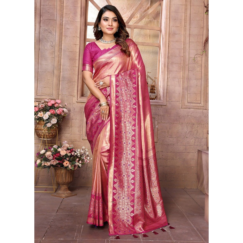 Pink Banarasi Silk Saree With Blouse Piece - JD986600680