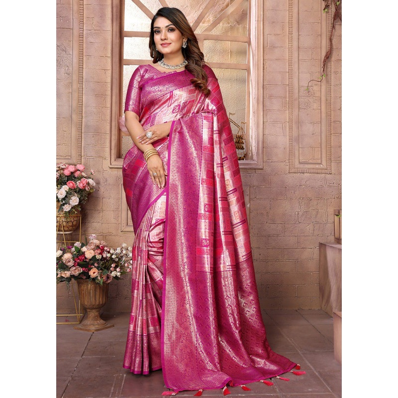 Pink Banarasi Silk Saree With Blouse Piece - JD986600681