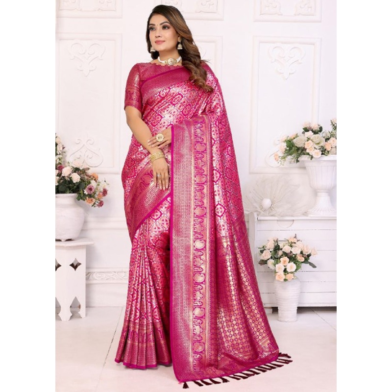 Pink Banarasi Silk Saree With Blouse Piece - JD986600684