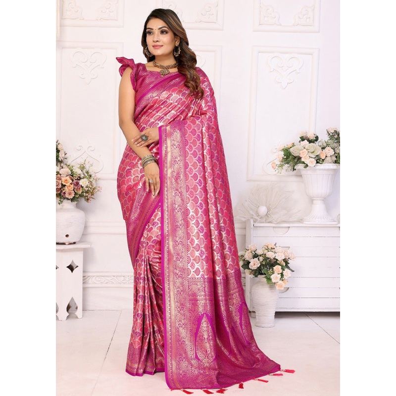 Pink Banarasi Silk Saree With Blouse Piece - JD986600685