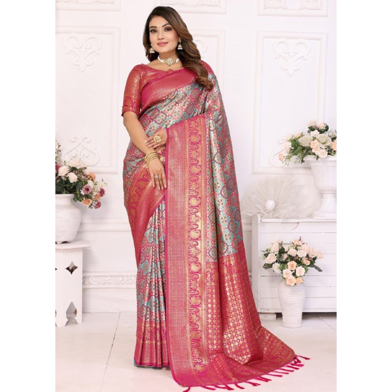 Pink Banarasi Silk Saree With Blouse Piece - JD986600703