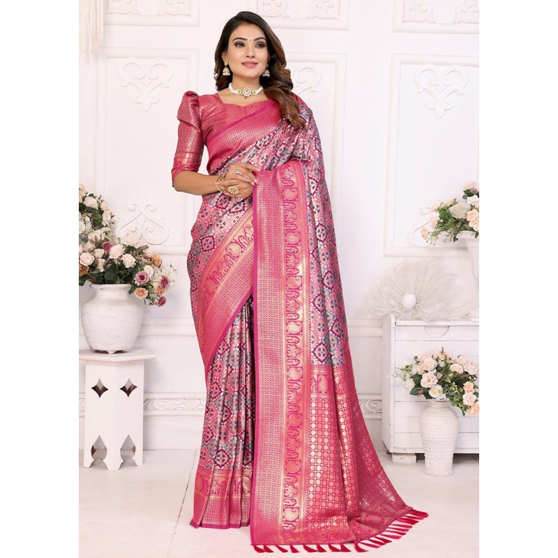 Pink Banarasi Silk Saree With Blouse Piece - JD986600706