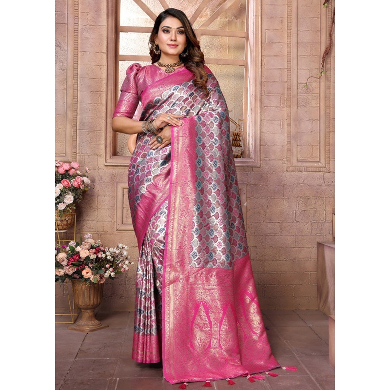 Pink Banarasi Silk Saree With Blouse Piece - JD986600710