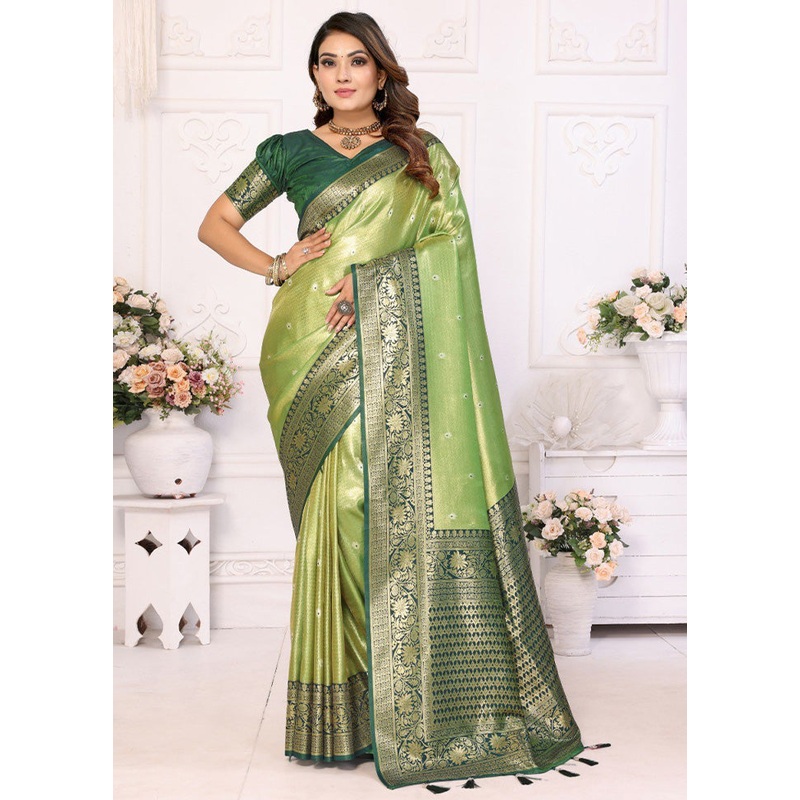 Pista Green Banarasi Silk Saree With Blouse Piece - JD986600676