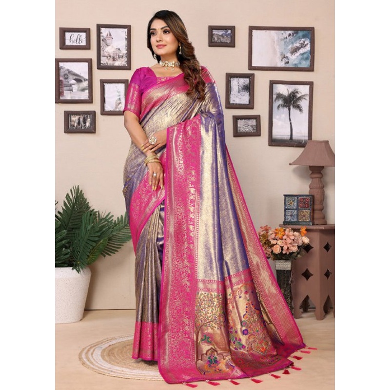 Purple Banarasi Silk Saree With Blouse Piece - JD986600671
