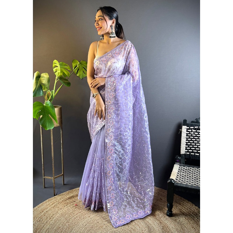 Purple Net Net Saree With Blouse Piece - JD986600825