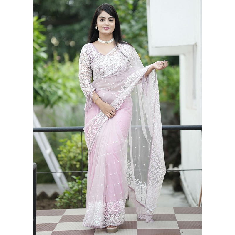 Purple Net Net Saree With Blouse Piece - JD986600826