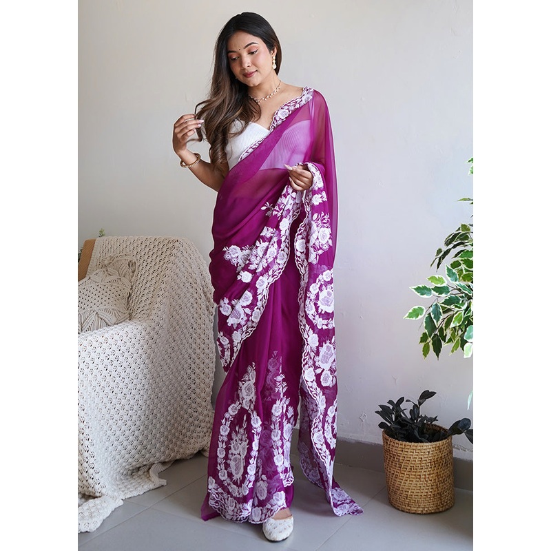 Purple Organza Saree With Blouse Piece - JD986600824