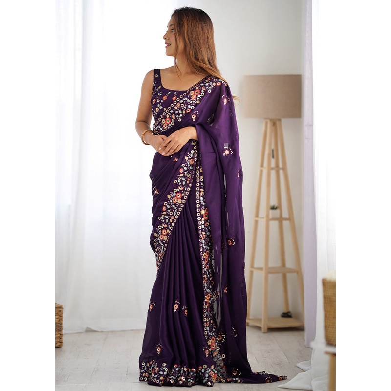 Purple Satin Silk Saree With Blouse Piece - JD986600821