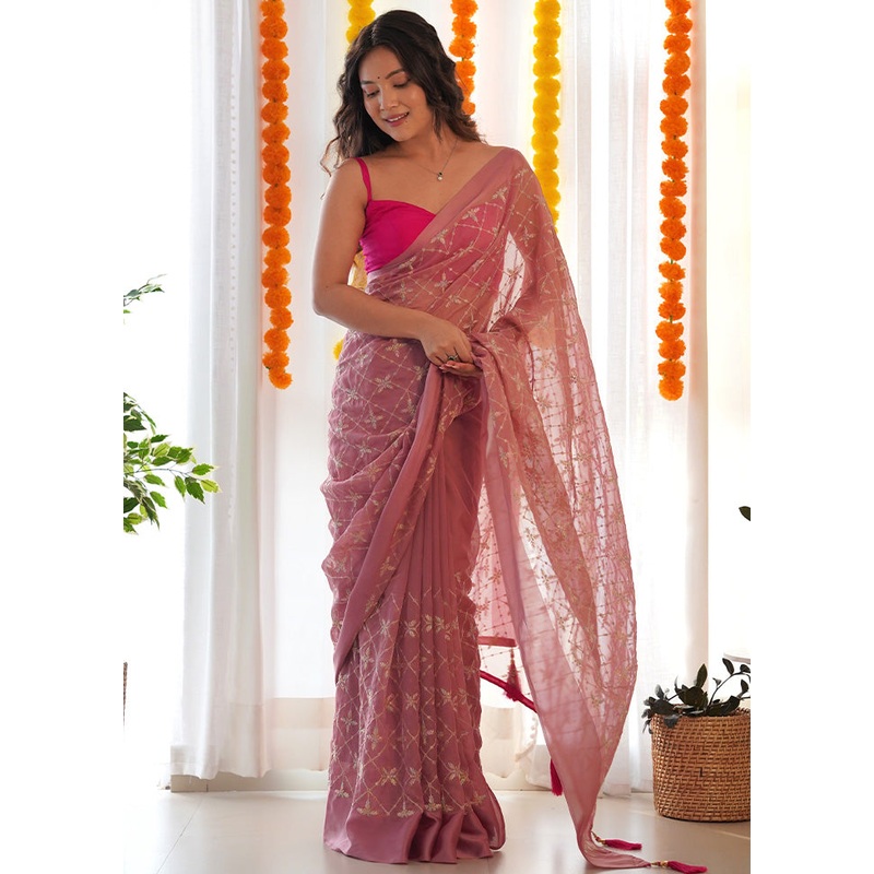 Purple Satin Silk Saree With Blouse Piece - JD986600822