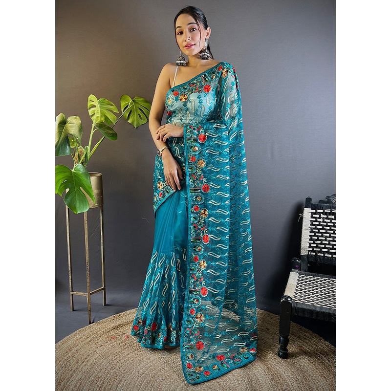 Rama Net Net Saree With Blouse Piece - JD986600809