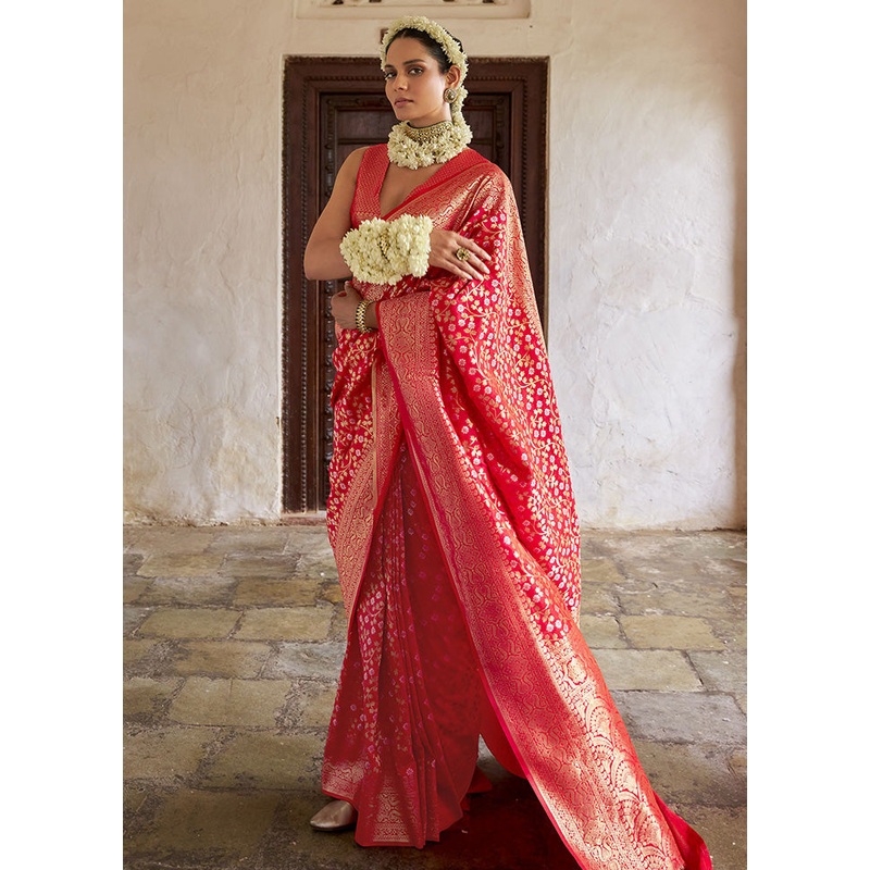 Red Banarasi Silk Saree With Blouse Piece - JD986600805