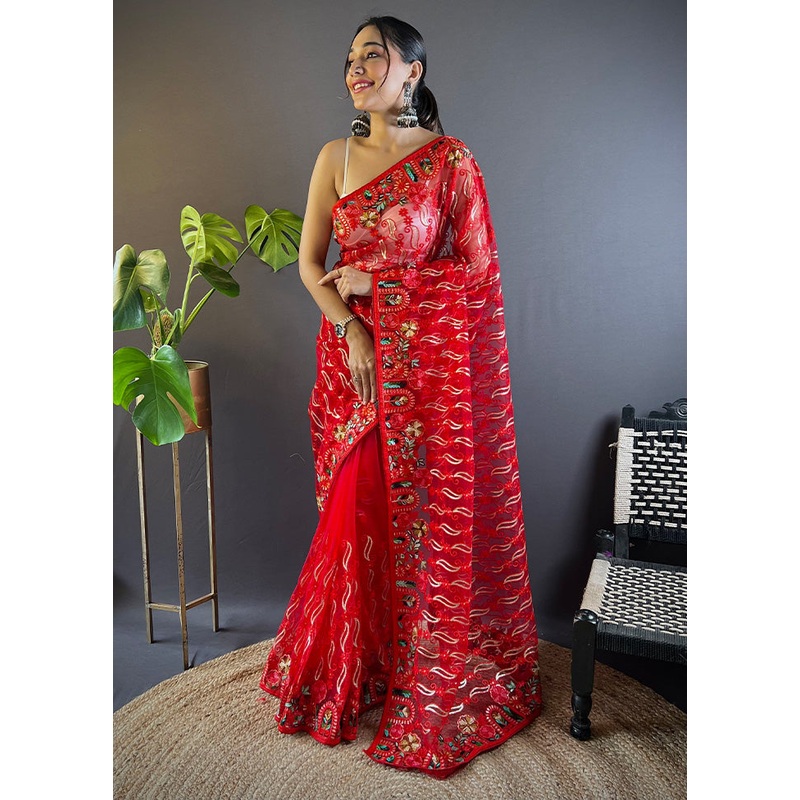 Red Net Net Saree With Blouse Piece - JD986600801