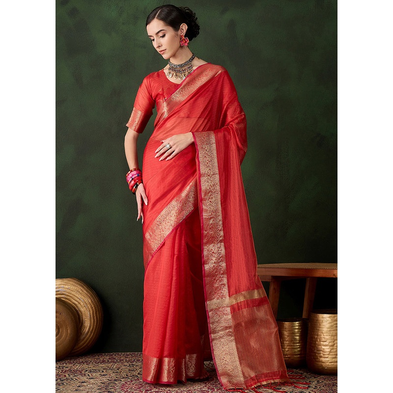 Red Organza Saree With Blouse Piece - JD986600799