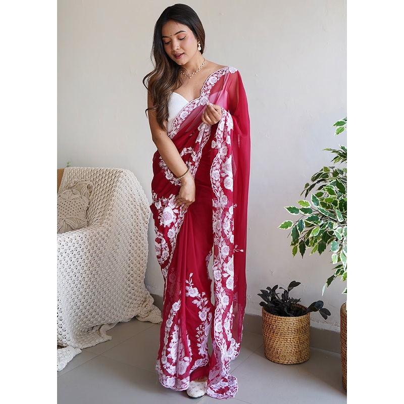 Red Organza Saree With Blouse Piece - JD986600800