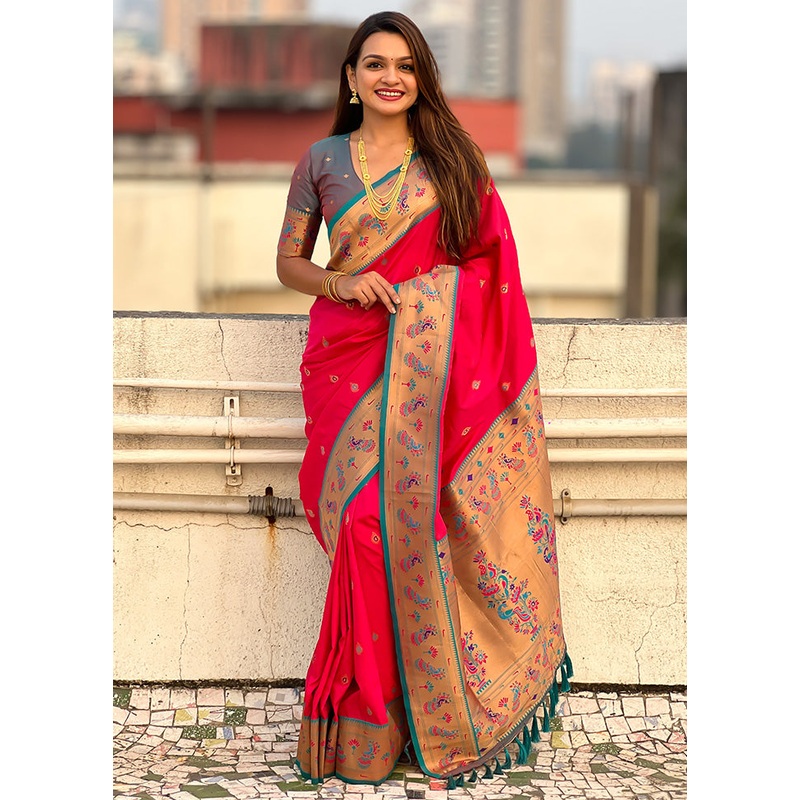 Red Spun Silk Saree With Blouse Piece - JD986600797