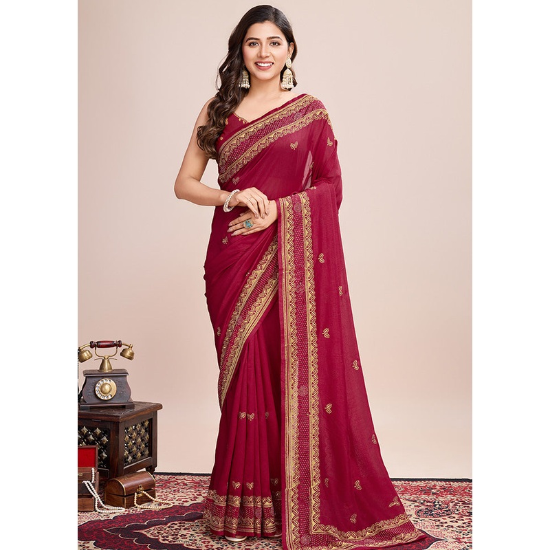 Red Spun Silk Saree With Blouse Piece - JD986600798