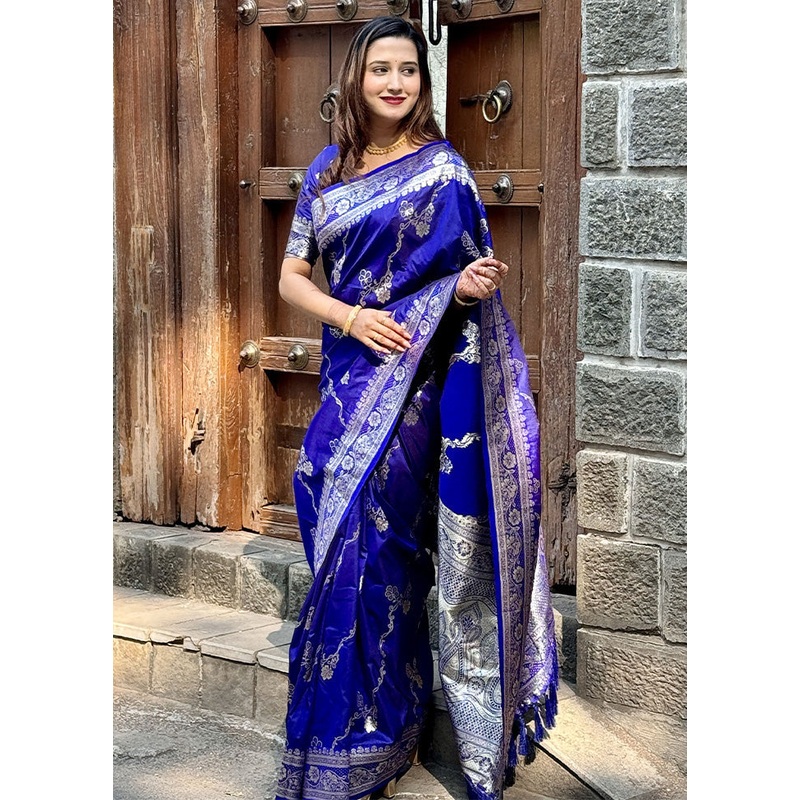 Royal Blue Banarasi Silk Saree With Blouse Piece - JD986600796