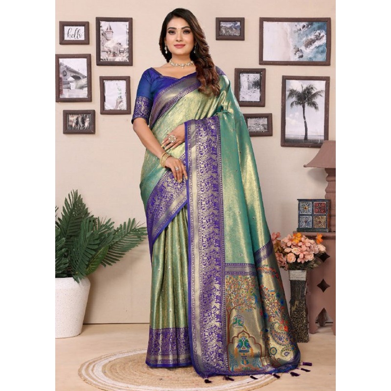 Sea Green Banarasi Silk Saree With Blouse Piece - JD986600663