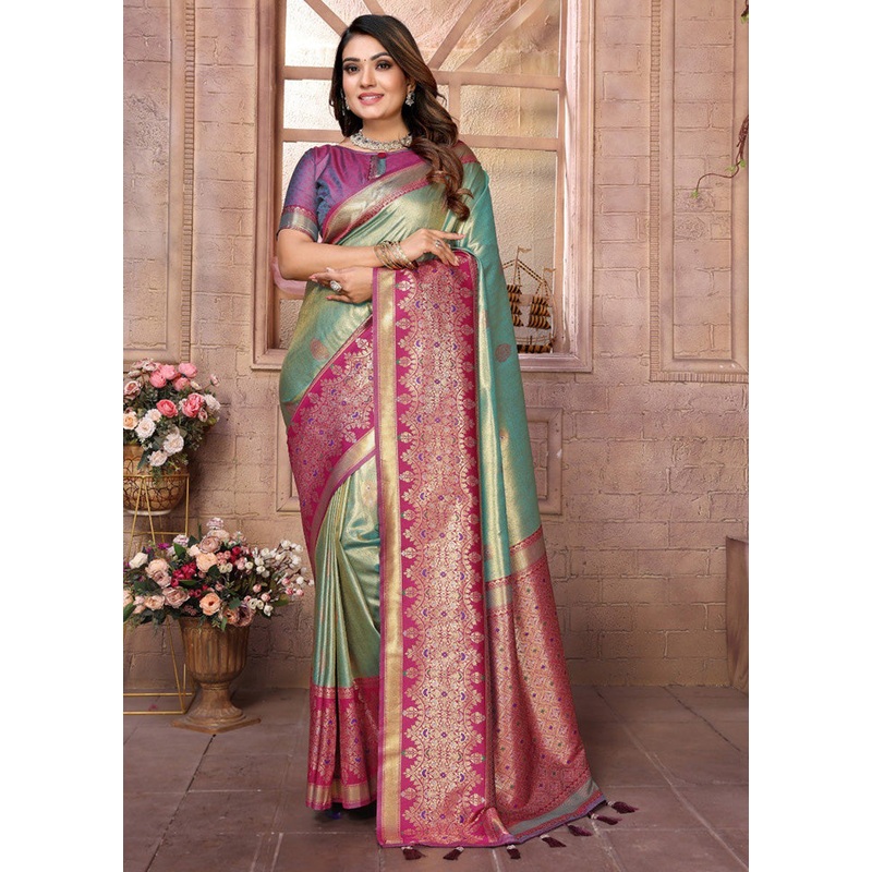 Sea Green Banarasi Silk Saree With Blouse Piece - JD986600664