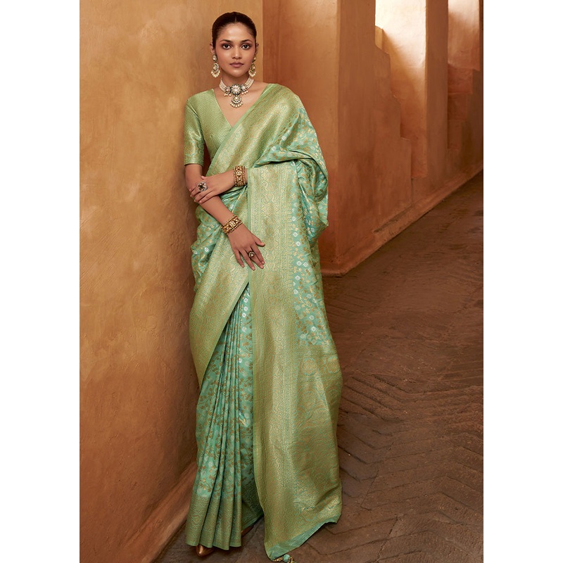 Sea Green Banarasi Silk Saree With Blouse Piece - JD986600795