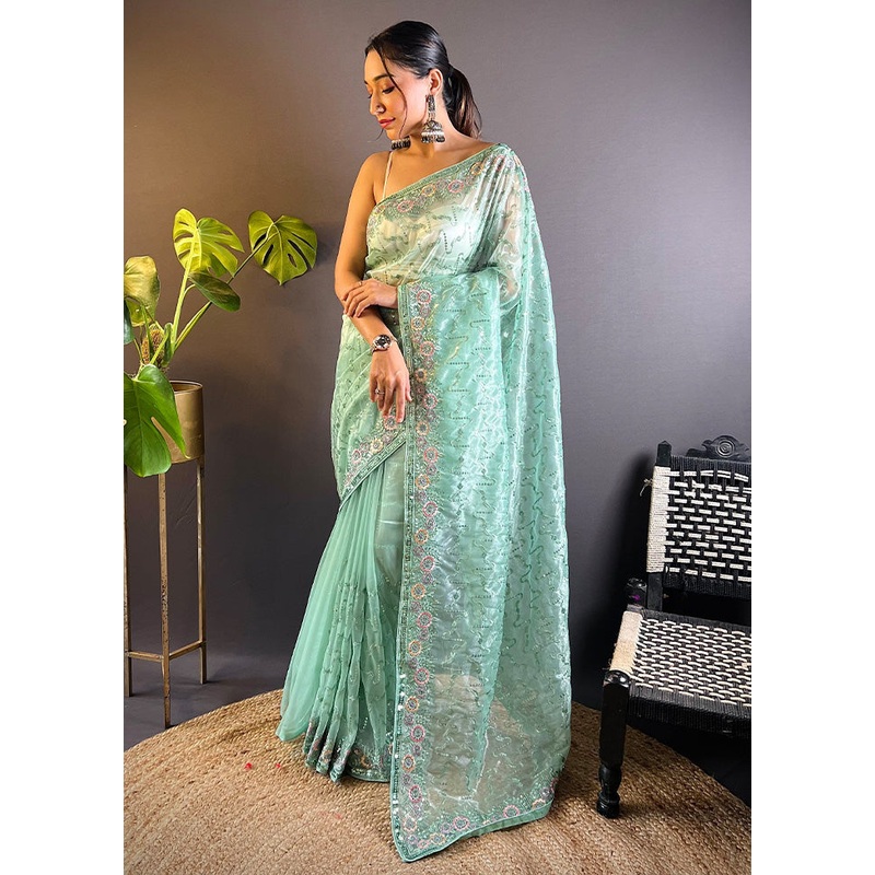Sea Green Net Net Saree With Blouse Piece - JD986600793