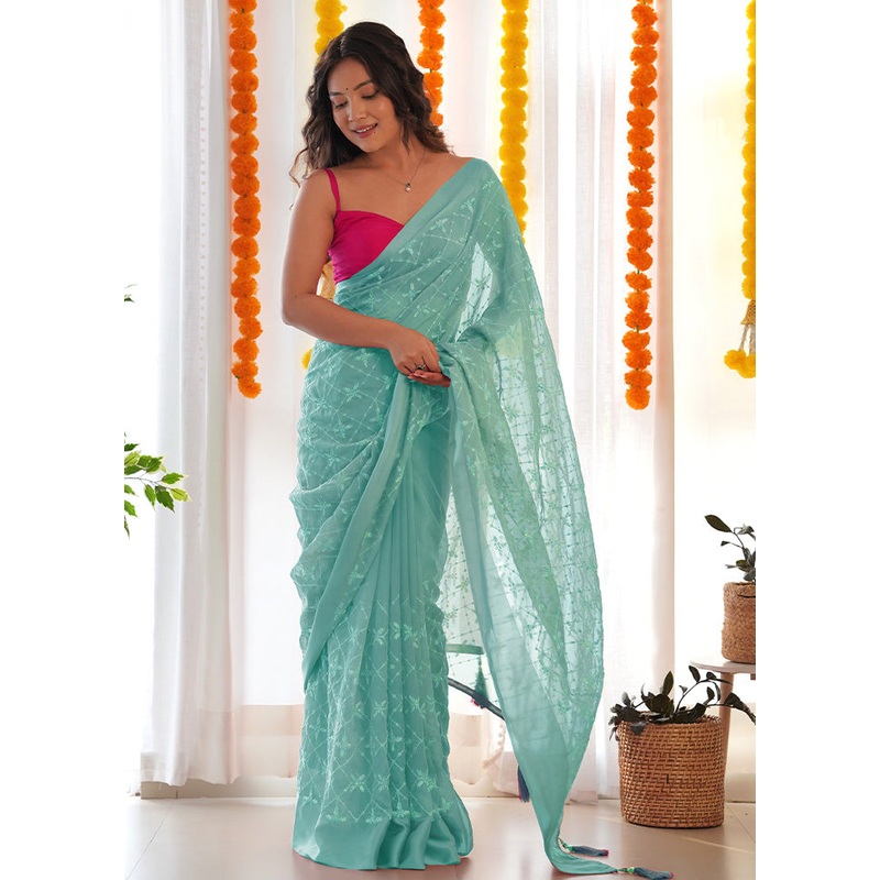 Sea Green Satin Silk Saree With Blouse Piece - JD986600792