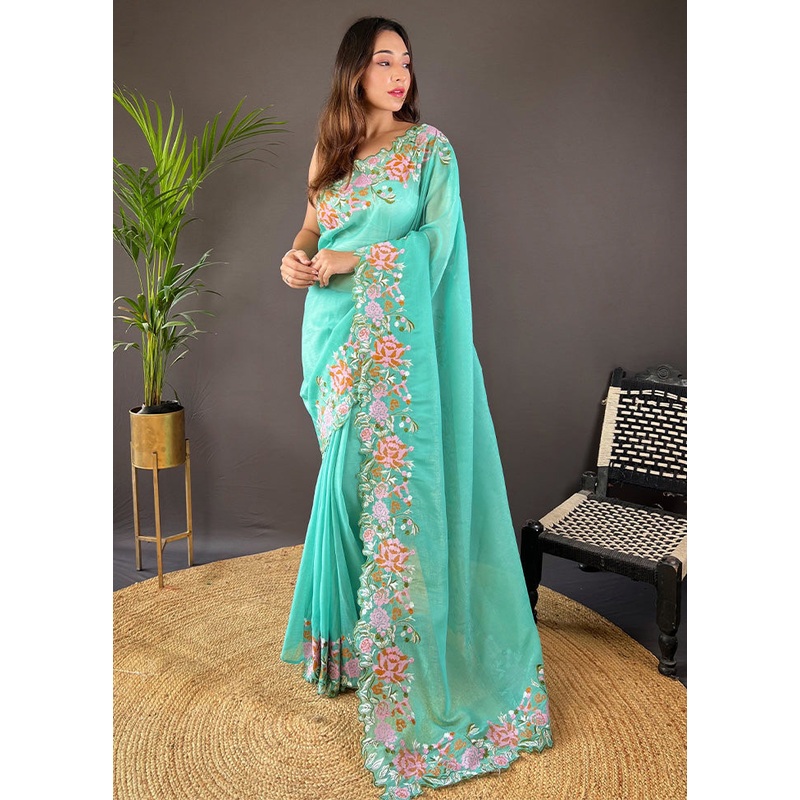 Sea Green Spun Silk Saree With Blouse Piece - JD986600791