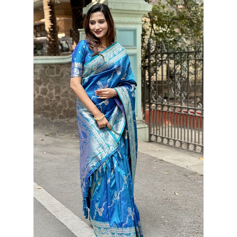 Sky Blue Banarasi Silk Saree With Blouse Piece - JD986600788