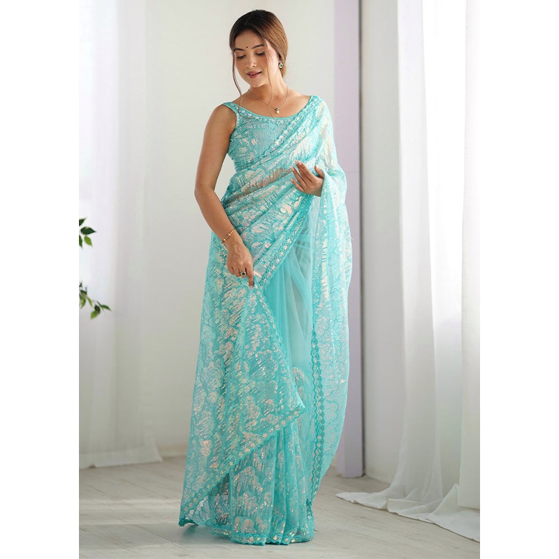 Sky Blue Net Net Saree With Blouse Piece - JD986600787