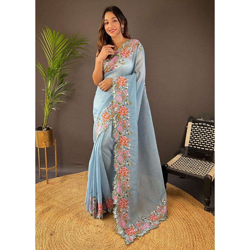 Sky Blue Spun Silk Saree With Blouse Piece - JD986600786