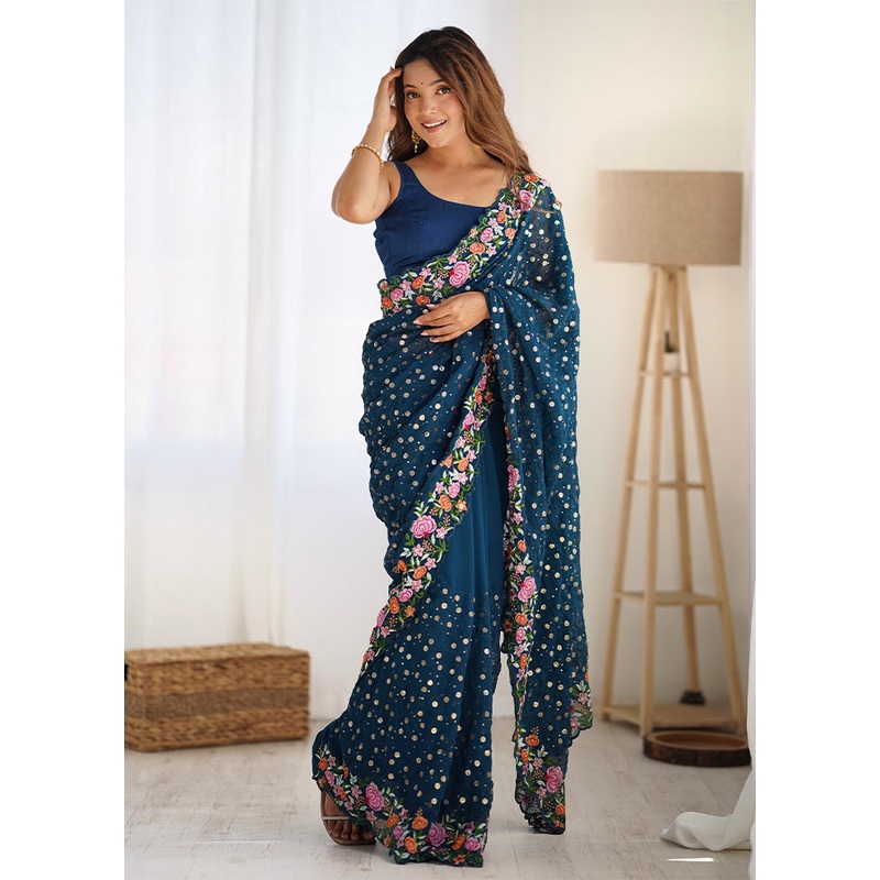 Teal Blue Georgette Saree With Blouse Piece - JD986600783
