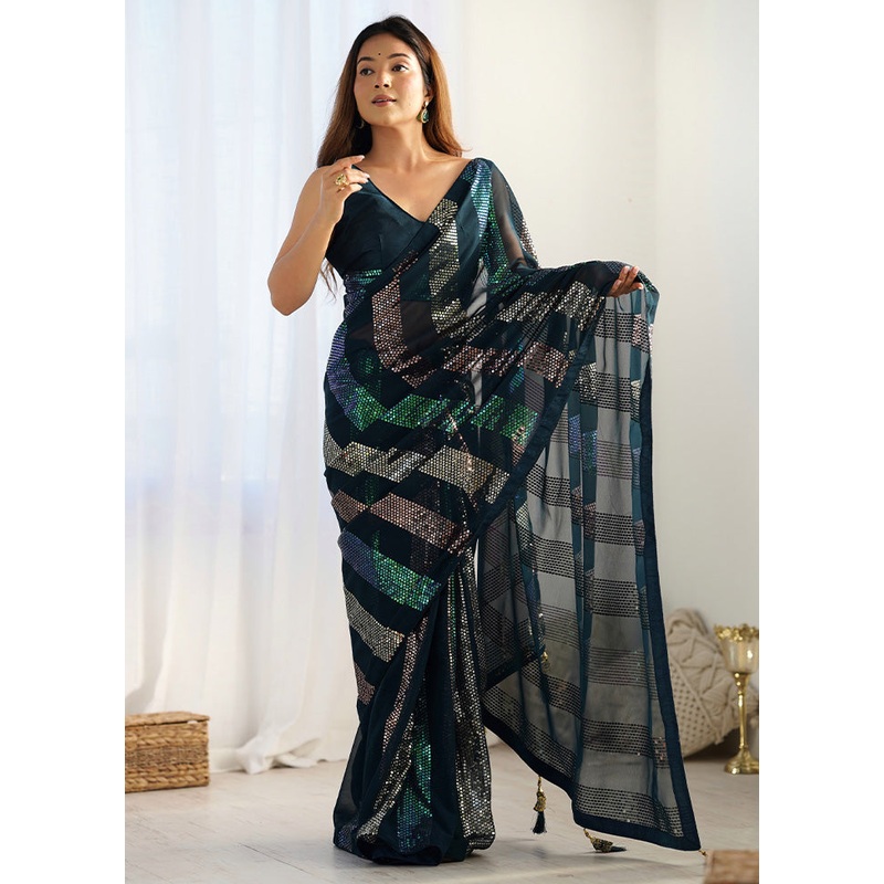 Teal Blue Georgette Saree With Blouse Piece - JD986600784