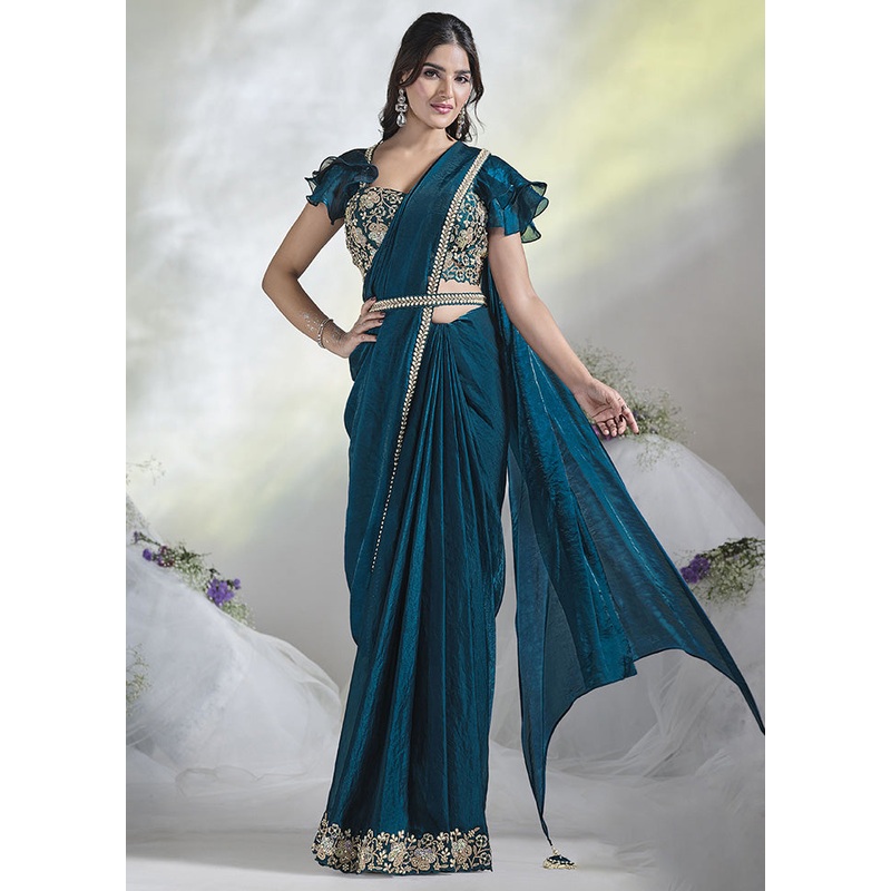 Teal Blue Satin Silk Saree With Blouse Piece - JD986600781