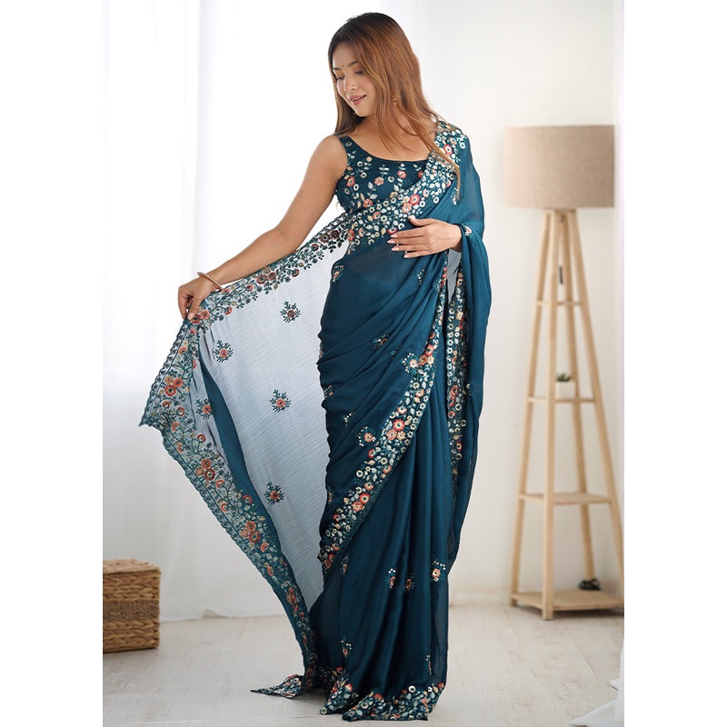 Teal Blue Satin Silk Saree With Blouse Piece - JD986600782