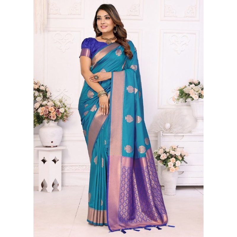 Teal Blue Spun Silk Saree With Blouse Piece - JD986600661