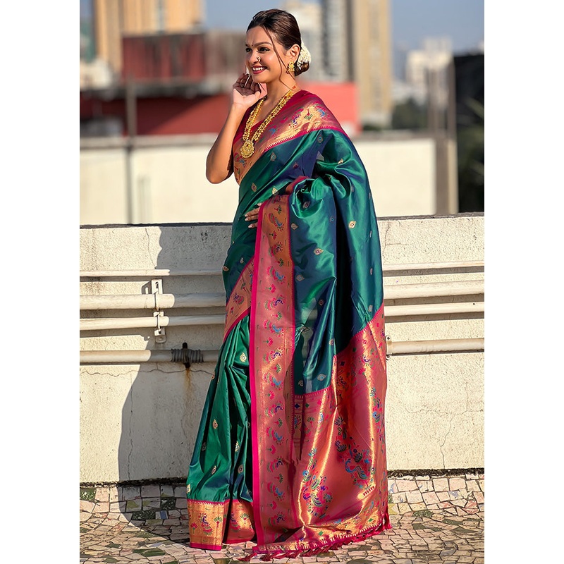 Teal Blue Spun Silk Saree With Blouse Piece - JD986600779
