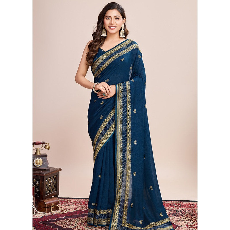 Teal Blue Spun Silk Saree With Blouse Piece - JD986600780