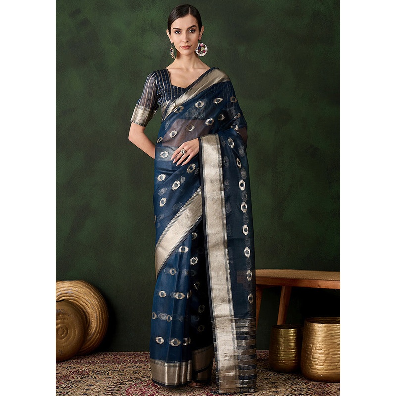 Teal Organza Saree With Blouse Piece - JD986600777