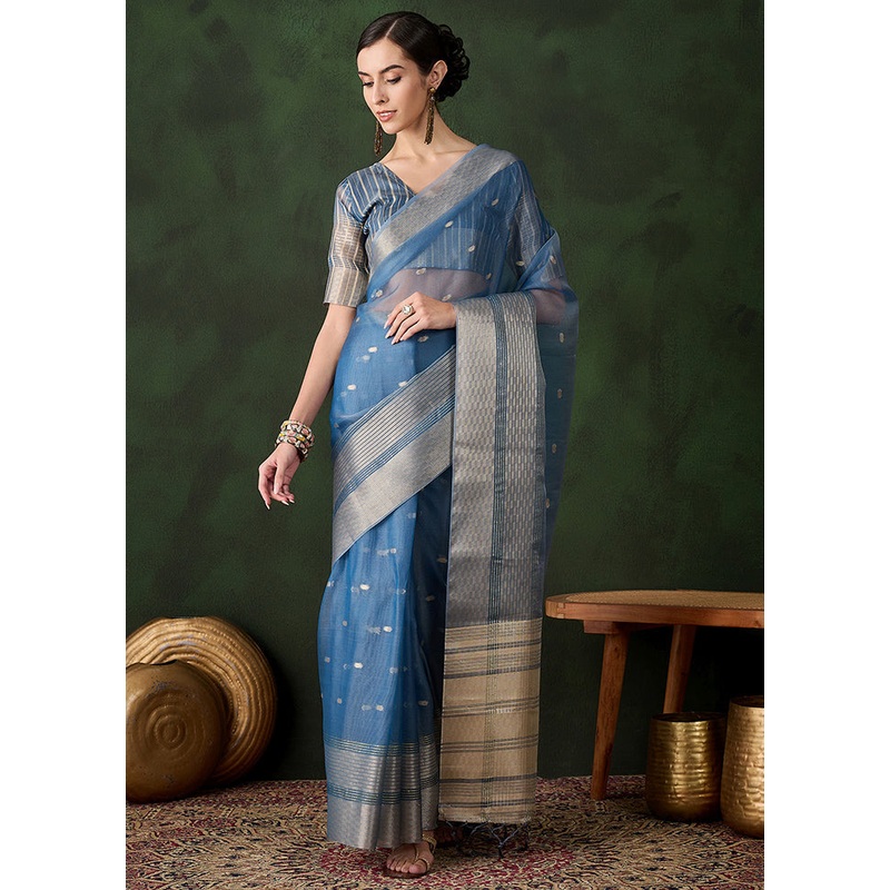 Teal Organza Saree With Blouse Piece - JD986600778