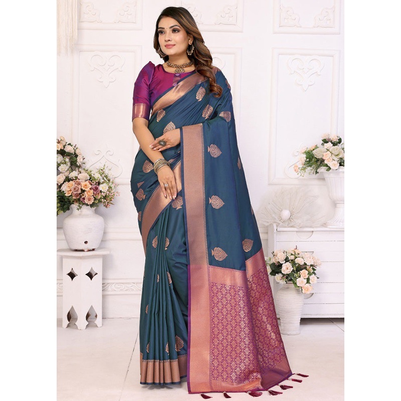 Teal Spun Silk Saree With Blouse Piece - JD986600659