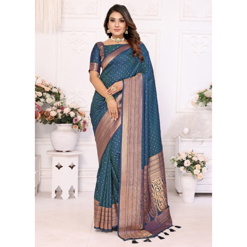 Teal Spun Silk Saree With Blouse Piece - JD986600660