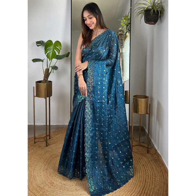 Teal Spun Silk Saree With Blouse Piece - JD986600776