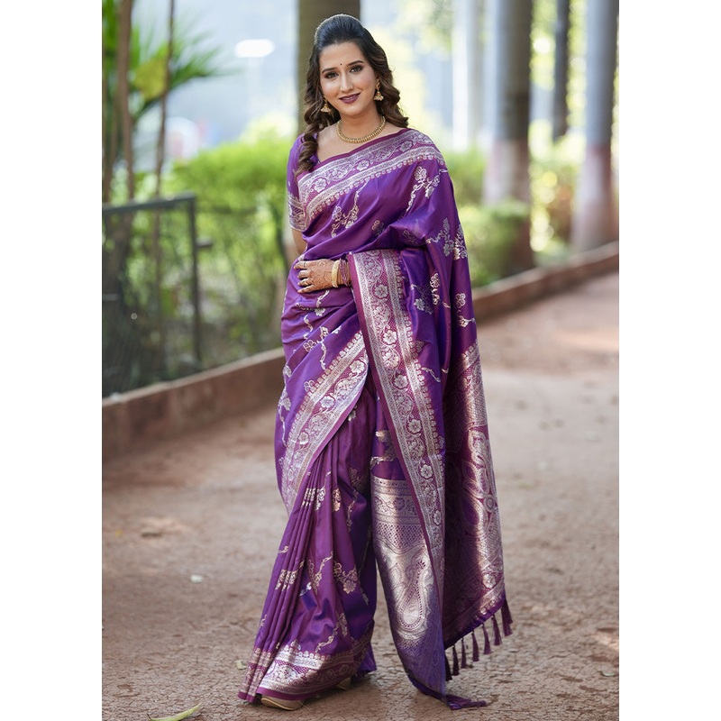 Voilet Banarasi Silk Saree With Blouse Piece - JD986600775