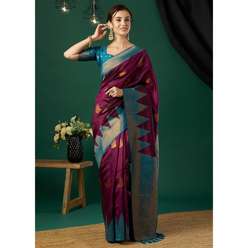 Wine Banarasi Silk Saree With Blouse Piece - JD986600771