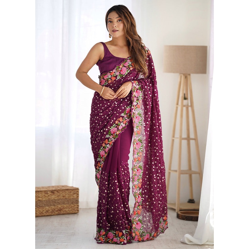 Wine Georgette Saree With Blouse Piece - JD986600769