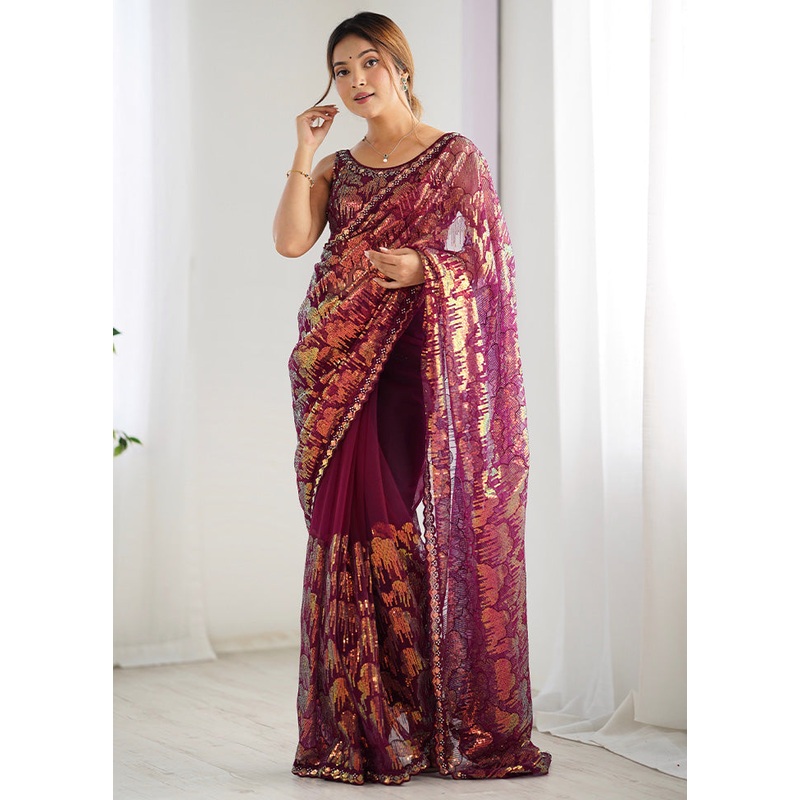 Wine Net Net Saree With Blouse Piece - JD986600768