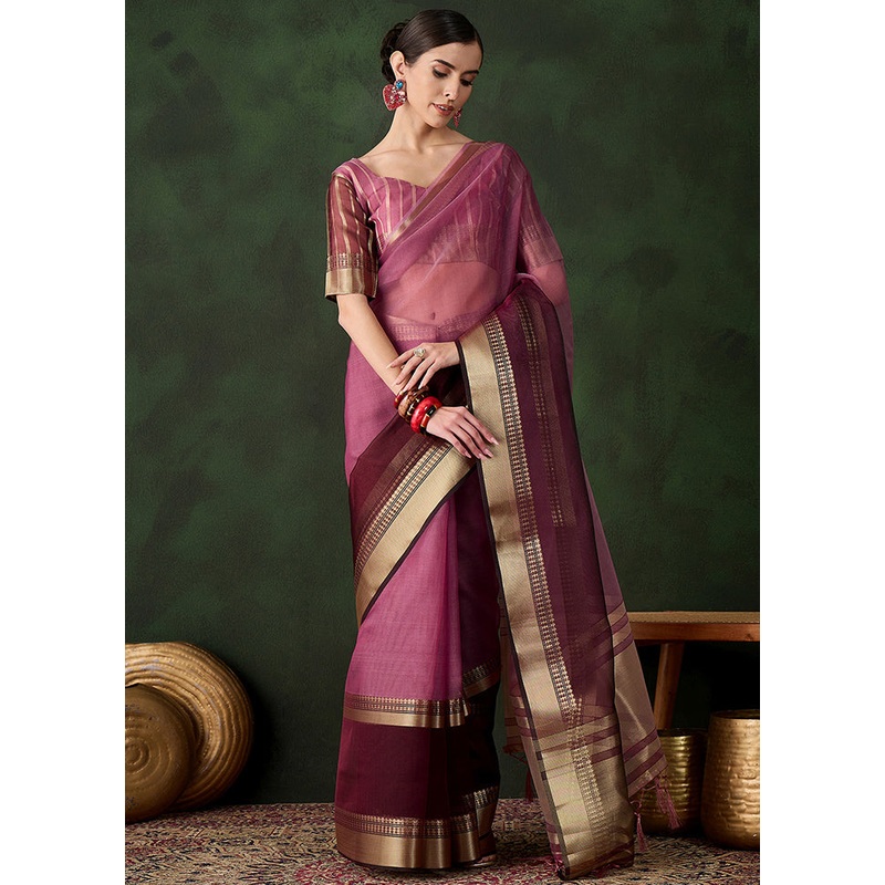 Wine Organza Saree With Blouse Piece - JD986600767